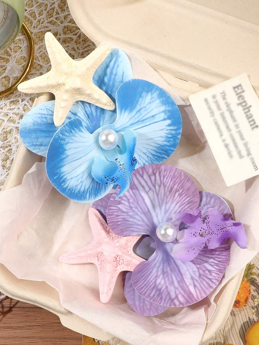 2件組藍紫色海星拼接對比色蘭花珍珠花朵髮夾 鱷魚夾側夾 鬆散髮夾 瀏海夾 髮型固定 波希米亞風 溫柔亮眼 海灘海邊度假風 高端氛圍 派對髮飾裝飾 - 彩色 - 查看 1