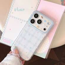 Kavenfort Funda de teléfono transparente azul a cuadros con estrella y oso, diseño de rejilla de estrella transparente para 17 Pro Max, adecuada para verano 16, linda, dulce, femenina, patrón geométrico, estilo coreano, adorable, nicho, mascota linda, chica suave, estilo Ins, estilo de celebridad de internet. - transparente - Ver 1