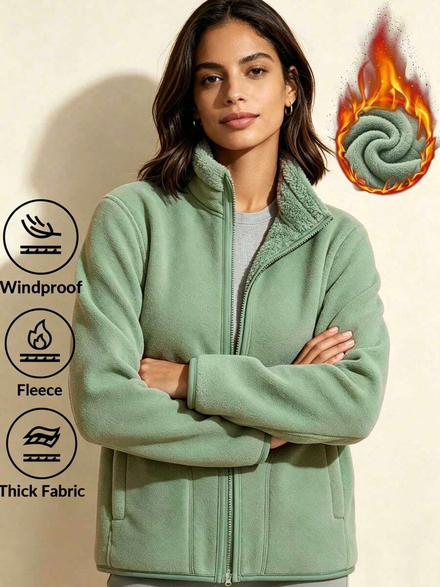 Women's Grey Green Stand Collar Zip-Up Fleece Jacket, Plush Lining, Curved Side Pockets, Minimalist Casual Daily Outdoor Sports Autumn Coat - Green - View 1