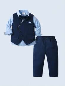 BOARNSEORL 3 件套年轻男孩绅士服装套装 - 白色长袖衬衫、领结背心和裤子，时尚适合生日派对、婚礼、周年庆典 - 藏蓝色 - 查看 1