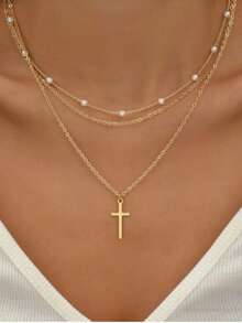 Women's Faux Pearl & Cross Pendant Multi-Layer Necklace Set, Suitable For Dating, Party, Vacation, Daily Wear, Holiday Gift - Cross - View 1