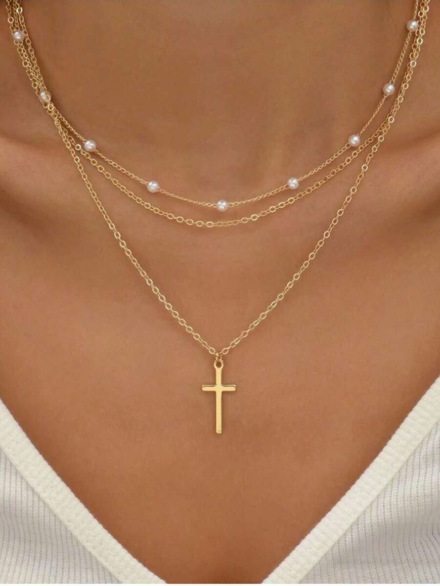Women's Faux Pearl & Cross Pendant Multi-Layer Necklace Set, Suitable For Dating, Party, Vacation, Daily Wear, Holiday Gift - Cross - View 1