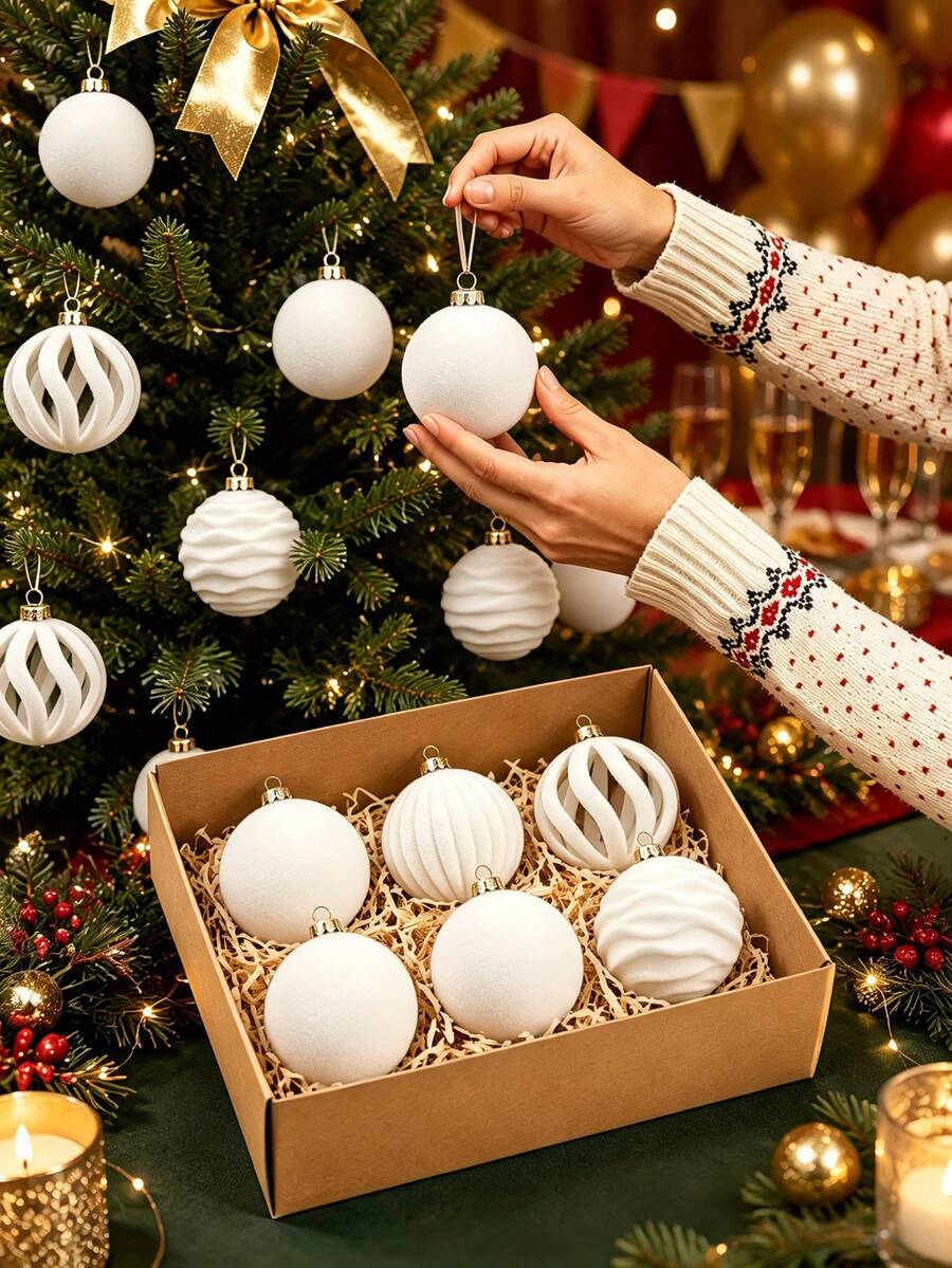 6pcs White Velvet Christmas Tree Hanging Ornaments, Merry Christmas Decorative Balls, White Christmas Ball Hanging Ornaments, Christmas Home Decor, Christmas Balls, Christmas Hanging Decorations, Fireplace Decor, Christmas Gifts, Christmas Tree Decorations, Christmas Party Supplies, Indoor & Outdoor Decor
