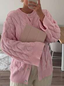 Happyevery 女款秋季休閒通勤百搭軟質紋理粗針織開襟外套，寬鬆慵懶圓領單排扣針織夾克 粉色 - 粉色 - 查看 1
