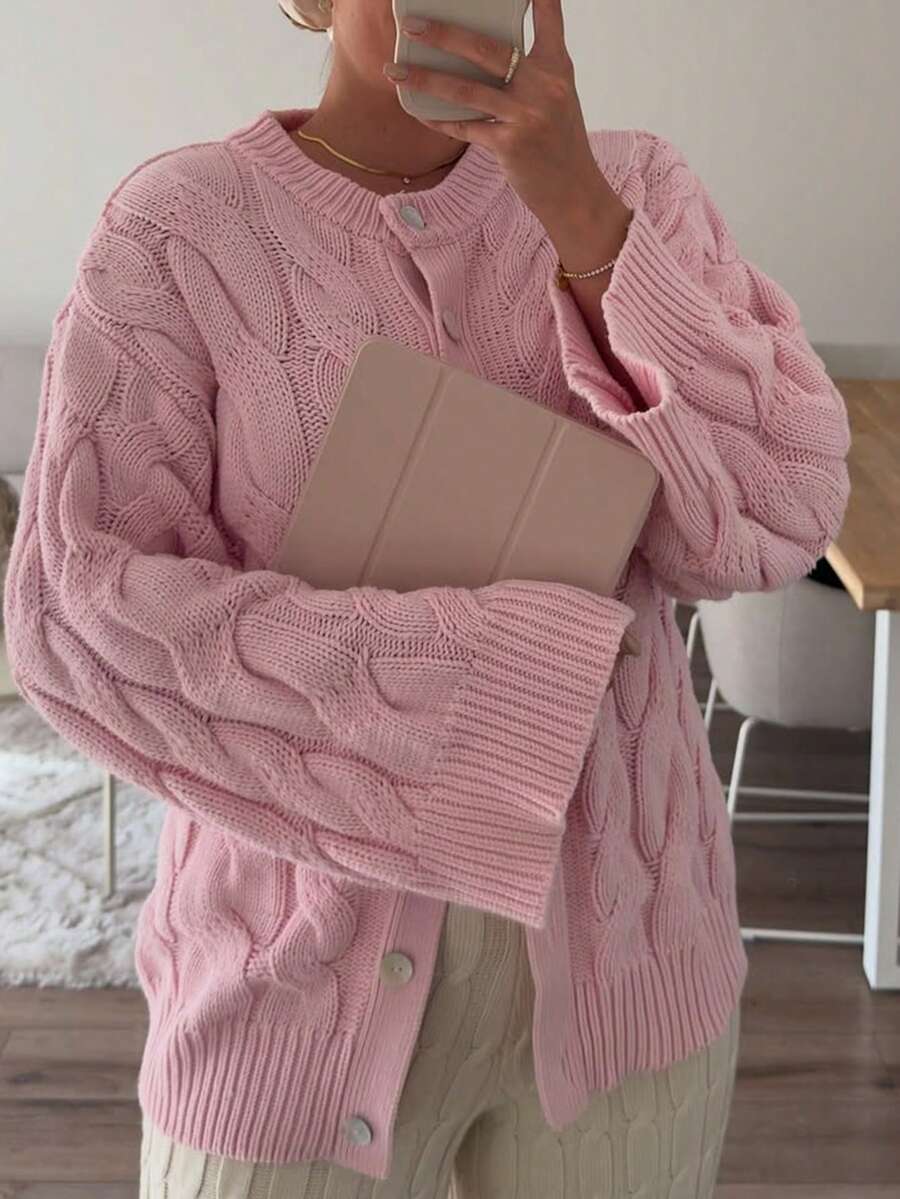 Happyevery 女款秋季休閒通勤百搭軟質紋理粗針織開襟外套,寬鬆慵懶圓領單排扣針織夾克 粉色 - 粉色 - 查看 1
