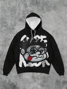 Men's Casual Polyester Hooded Sweatshirt With Cartoon Print, Knitted Fabric With Slight Elasticity, Regular Fit, Suitable For All Seasons, Black Hoode - Black - View 3