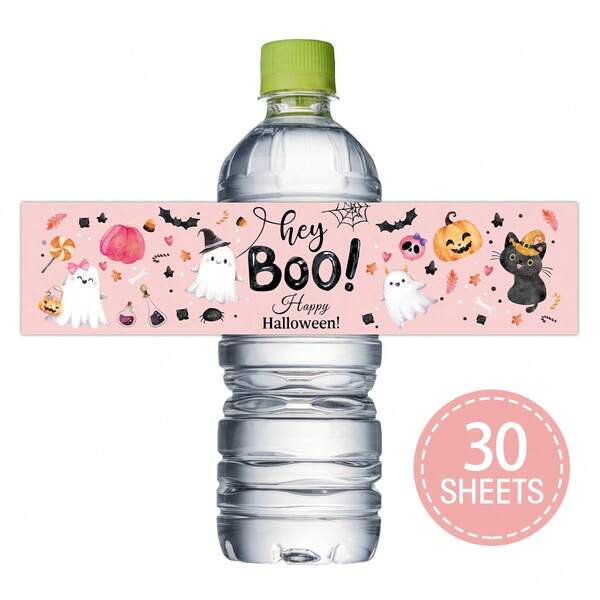 30pcs Happy Halloween Water Bottle Labels, Cute Ghost Pumpkin Bat & Black Cat Design Halloween Party Water Bottle Wrapper Stickers, Halloween Party Decorations