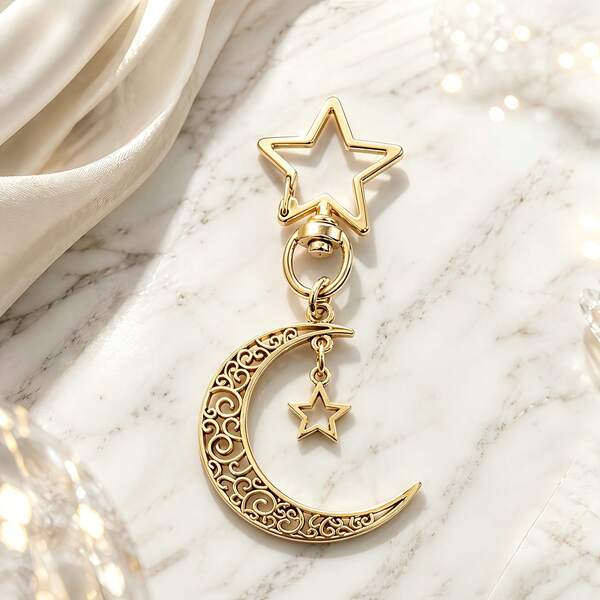 Fashionable Street Style Moon & Star Pattern Keychain, Hollow Moon & Star Design, Suitable For Hanging On Bags And Car Keys. Bag Charm Accessory, Suitable As Women's Car Key Or Bag Decorative Pendant And Gift.
