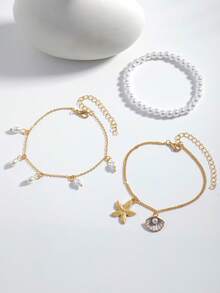 3pcs/Set White Pearl Tassel Starfish Shell Pendant Multilayer Anklet, Gold Color, Suitable For Daily Wear And Vacation - Gold - View 2