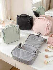 1Pc Plain Waterproof Hanging Hook Travel Toiletry Bag Large Capacity Multi Pocket Foldable Cosmetic Makeup Storage Handbag For Women Trip Gym Shower - Multicolor - View 5