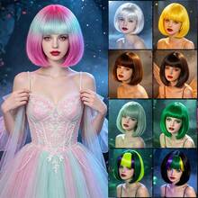 Perruque courte colorée avec frange, pour le port quotidien des femmes, fête de costume d'Halloween, perruque de cosplay anime en cheveux synthétiques lisses, options de dégradé multicolore et de couleur unie (jaune, blanc, marron, vert, or) - Multicolore - Voir 1