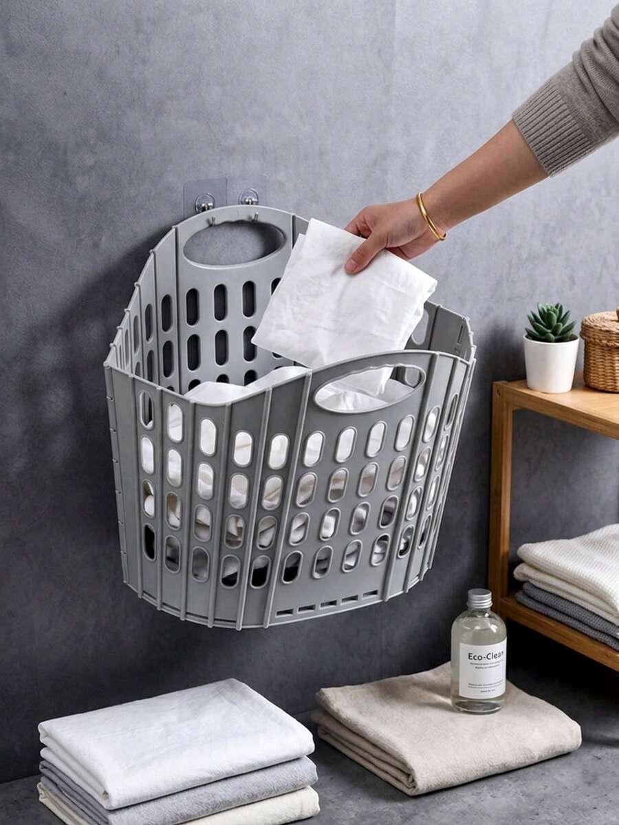 1pc Foldable Wall-Mounted Laundry Basket, Portable Square Dirty Clothes Storage Bin For Bathroom, Collapsible Hanging Clothes Organizer Box For Home, Universal Space-Saving Practical Closet Sorting Accessory - Multicolor - View 1