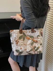 Dedoo 1件仿麂皮托特包，大容量純色女款手提包，成熟優雅風格，復古通勤包 - 咖啡棕 - 查看 5
