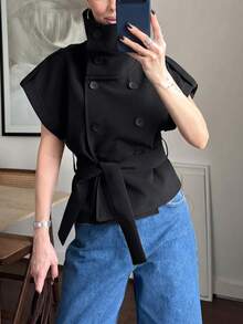 Jaket Kardigan Minimalis Kasual Elegan Wanita untuk Liburan Musim Panas Warna Hitam - Hitam - View 5