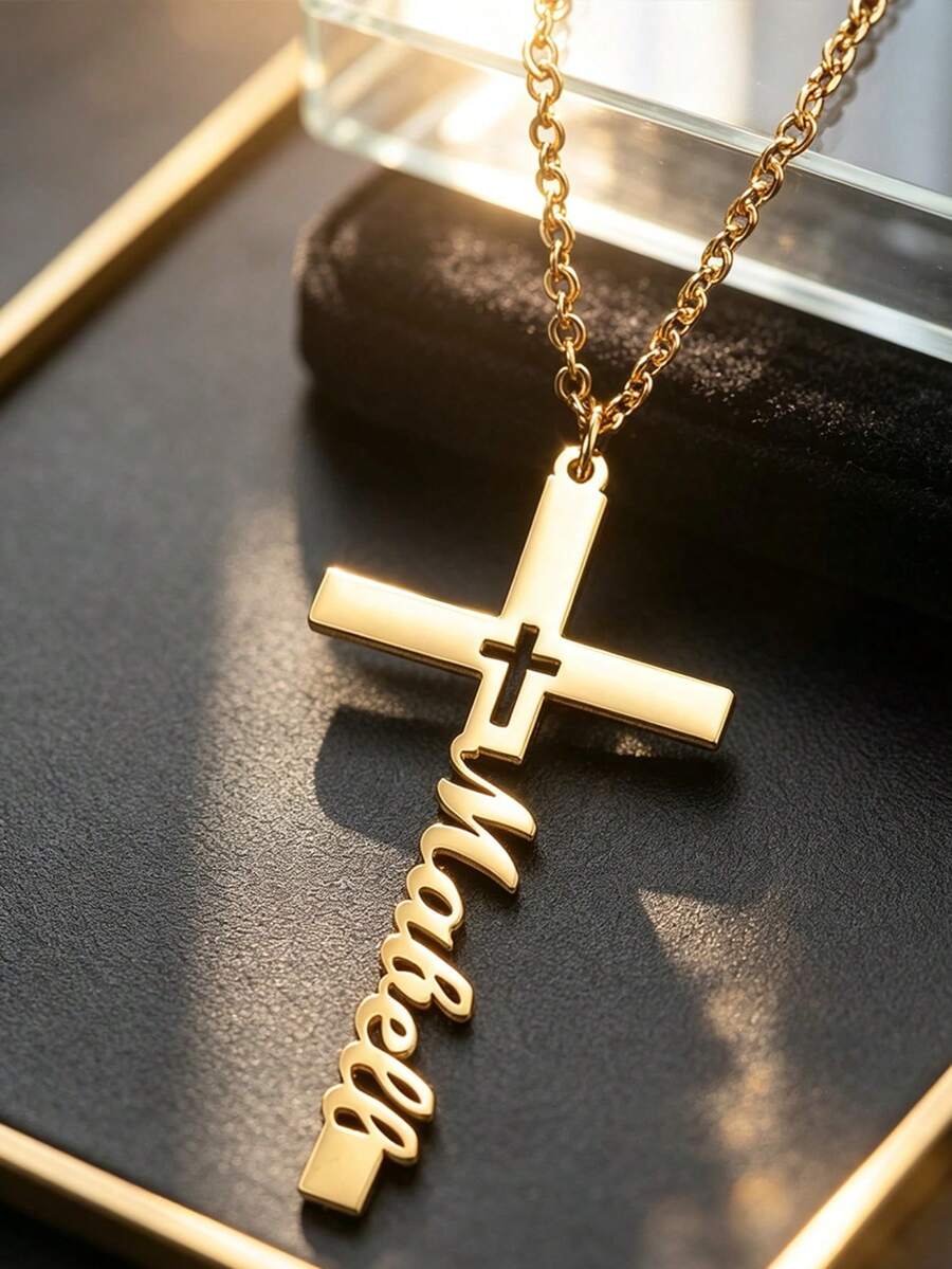 1pc Customized Name Necklace, Stainless Steel Cross Pendant Necklace, Personalized Birthday Gift For Women, Minimalist Daily Style, Comes With Gift Box, Suitable For Valentine's Day, Birthday, Mother's Day, Daily Gifting, Vertical Name Necklace - Multicolor - View 1