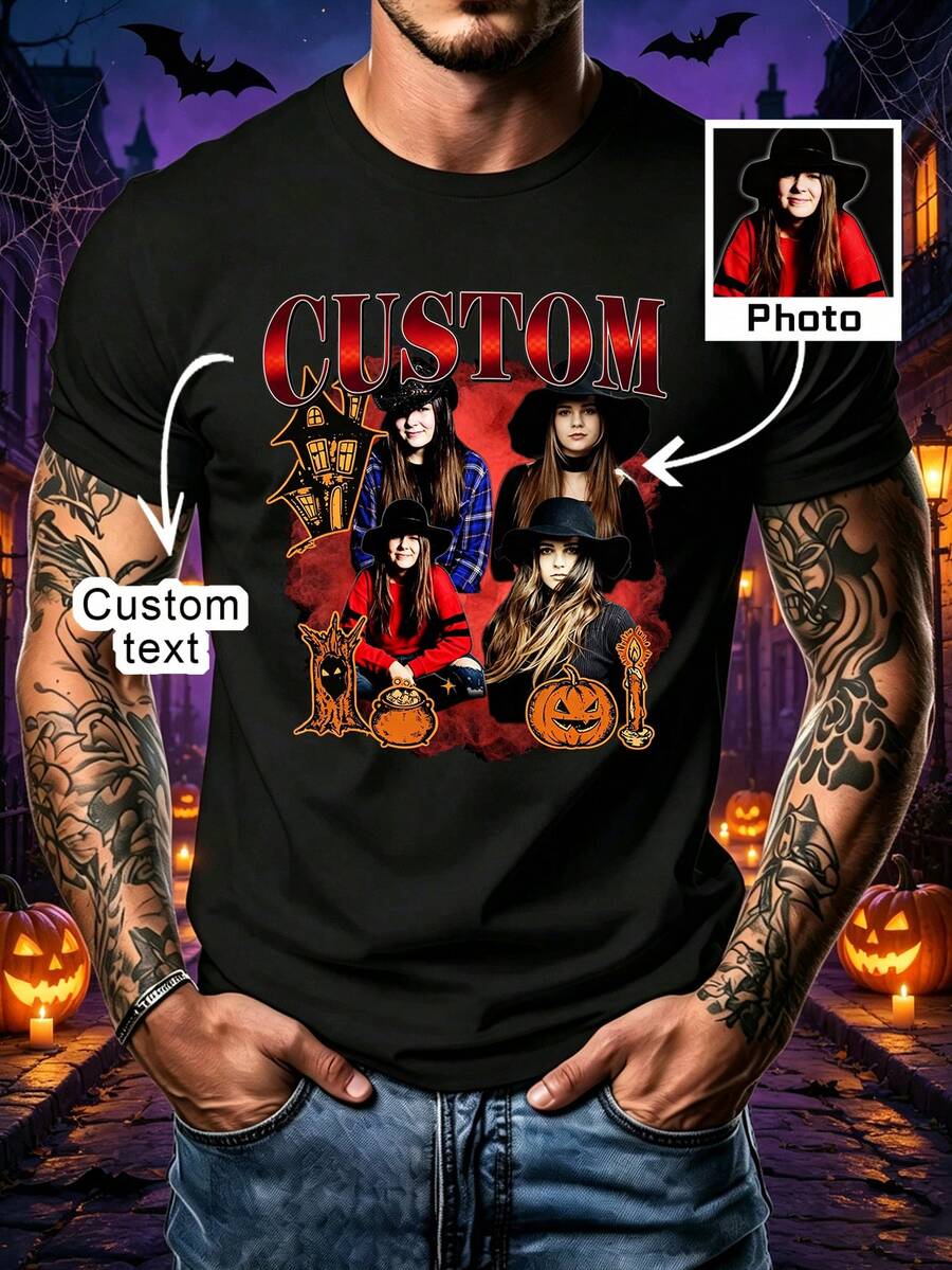 Customized Personalized Loose Fit Men's Printed T-Shirt, Customized Photo Halloween Vintage Style T-Shirt, Incorporate Your Photo To Create Funny And Scary Party Outfit, Customizable Name And Text To Design Your Personalized Printed T-Shirt - Black - View 1