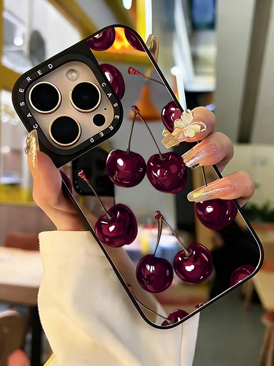 1件裝鏡面手機殼 酒紅櫻桃圖案 全包覆 TPU 防震手機殼 相容 Apple 18 17 16 15 14 13 12 11 Pro Max - 彩色 - 查看 1
