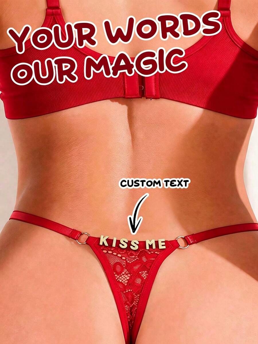 Celana Dalam Thong Renda Wanita dengan Teks Kustom - Dilengkapi Tali yang Dapat Diatur dan Desain Renda Transparan, Pakaian Dalam Hitam Ini Memungkinkan Personalisasi - Burgundy - View 1