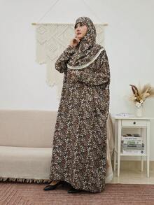 Floral Print Woven Fabric Long Abaya Dress, Round Neck, Regular Long Sleeve, Decorated With Applique Details, Loose Bohemian Style - Brown - View 6