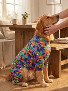1PC Dog Shedding Hair Control Pajamas - Warm High Stretch Full Coverage Pet Rompers, Anti Licking & Bug Protective Jumpsuit For Small Medium Large Dogs, All Over Printing Dog Clothes - Cute Cartoon Dinosaur Jigsaw Puzzle Pattern - Multicolor - View 9