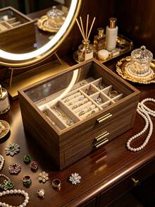1pc Walnut Wood Multi-Layer Divided Jewelry Storage Box With Glass Visible Lid, Large Capacity Compartments, Luxury Vanity Table Home Use, Necklace Ring Earring Jewelry Dust-Proof Solid Wood Jewelry Box - Multicolor - View 14
