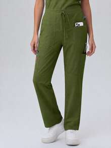 Pantalones de mujer/enfermería, pantalones cómodos, pantalones de unicolor simple con múltiples bolsillos - Verde militar - Ver 7