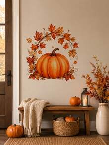 1pc Fall Pumpkin And Maple Leaves Wall Sticker, Autumn Theme PVC Self-Adhesive Wall Decal, Waterproof Removable Autumn Wall Decor, Peel And Stick, For Living Room Bedroom Entryway Party Background, Thanksgiving Home Decoration - Autumn Harvest Theme - View 9