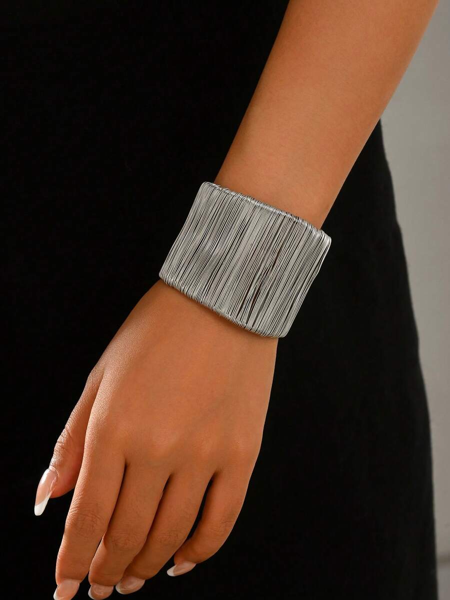 1 pieza Brazalete de metal minimalista con abertura (tamaño ajustable) - Plateado-B1555 - Ver 1