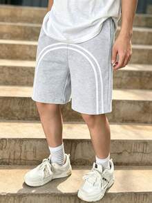 1pc Tween Boys Casual Sports Pants, Minimalist Fashion Stripe Decor Straight Leg Shorts - Light Grey - View 3