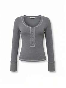 Women's Slim Fit Henley Button Long Sleeve Base Layer T-Shirt, Thin Crew Neck Top For Spring - Light Grey - View 10