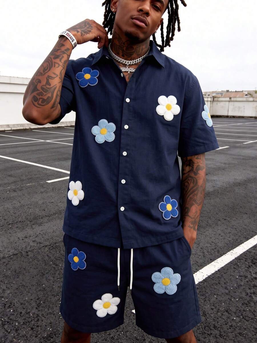 Conjunto de moda casual de verano para playa para hombres, conjunto de verano con estampado floral colorido, estilo simple y versátil - Azul Marino - Ver 1