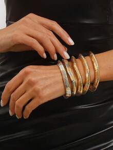5pcs/Set European And American Style Gold & Silver Elastic Rope Bracelets, Minimalist INS Fashion Bracelet Set, Suitable For Women's Daily Wear - Multicolor - View 7