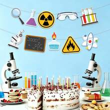 2 Science Lab Theme Banner Garlands, 10 Cartoon Lab Cutout Flags, Beaker, Radiation Sign, Goggles, Microscope, Atom, Flame, Warning Sign Hanging Decorations, Suitable For Scientist Birthday Party And Classroom Decor - A - View 3