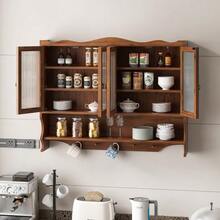 100 Cm Retro Wall Cabinet With 4 Doors, Two-Tier Storage And Open Hook Shelf, Suitable For Bathroom, Kitchen, Dining Room, Brown - 棕色 - 查看 4