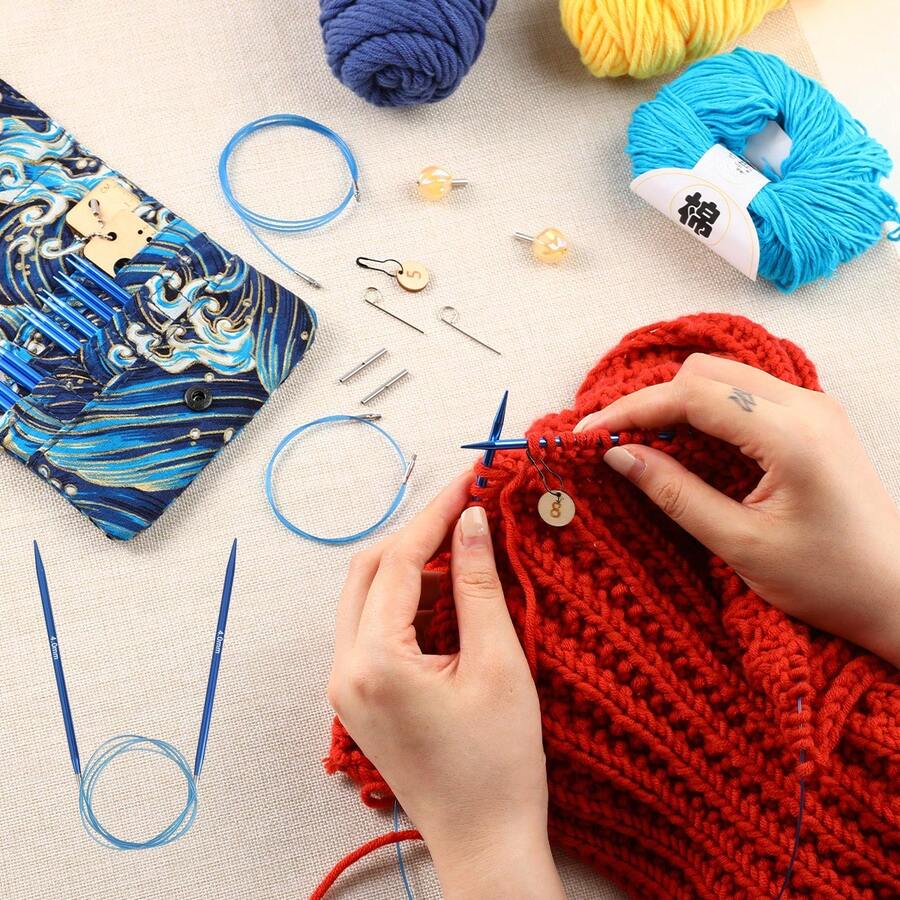 1 par de agujas de tejer circulares de aluminio anodizado azul desmontables e intercambiables + cable de conexión flexible desmontable, agujas de tejer circulares, adecuadas para bufandas, gorros, suéteres y proyectos de tejido DIY con lana - Tejer - Ver 1