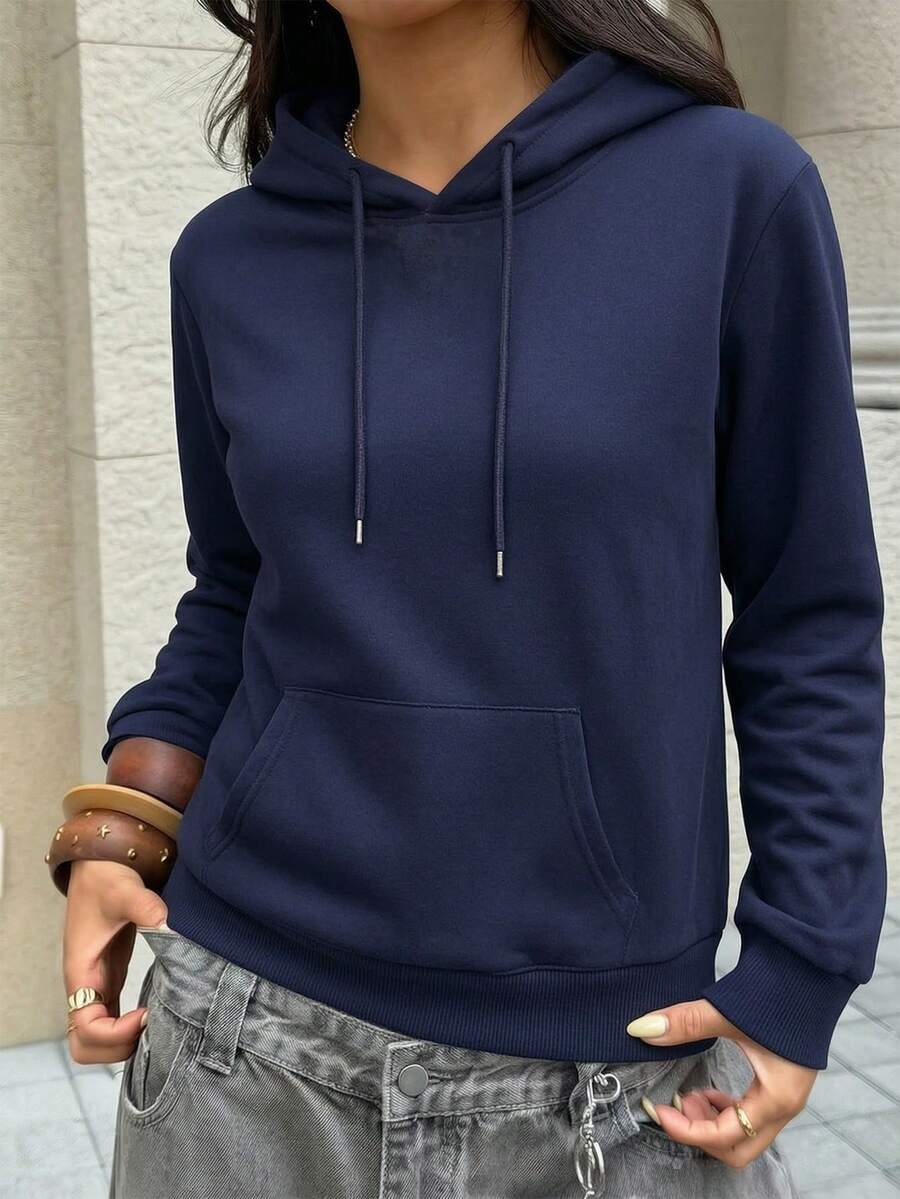 Women's Autumn/Winter New Solid Color Sweatshirt, Drawstring Design, With Pockets, Casual Versatile Loose Fit Top, Fashion Daily Wear - Navy Blue - View 1