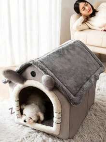 All-Season Pet Villa Bed, Semi-Enclosed Cat & Dog House, Warm Anti-Slip House-Shaped Pet Bed - Grey - View 4