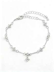 1pc Women's Fashion Premium Single Layer Clover Rhinestone Ankle Bracelet, Non-Fading, Suitable For Daily Wear, Party, Gathering, Beach - Silver - View 3