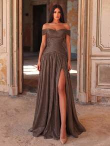 Women's Long Formal Chiffon Dress, Cold Shoulder Design, Tie Back, Flared Hem, Suitable For Weddings And Special Occasions Party - Coffee Brown - View 4