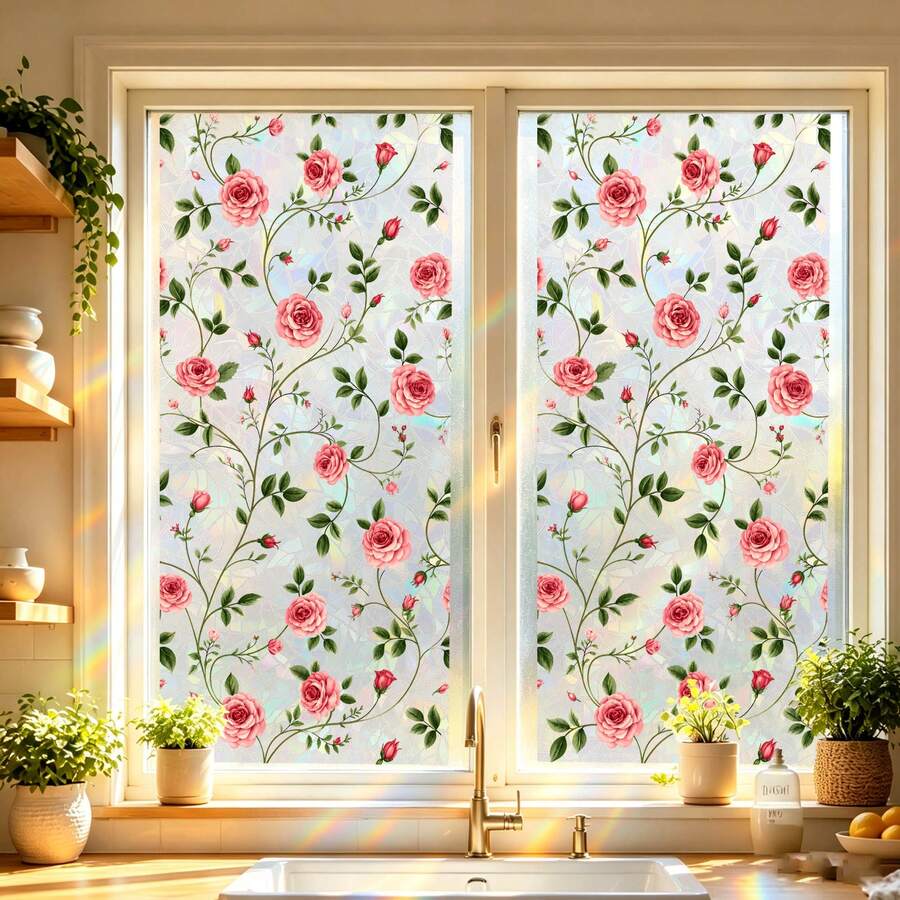 3D Rainbow Effect Floral Window Privacy Film, Static Cling Stained Glass Stickers, Removable Heat Control Anti-UV Glass Cover For Living Room Bathroom Bedroom Office Kitchen Decor - Rose Glass Sticker - View 1