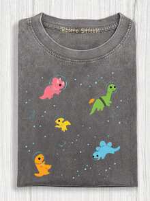 Washed T-Shirt Cosmic Dinosaur Party Printed T-Shirts, High Quality Batik Vintage Fashion Brand,Perfect For Daily Wear And Holiday Giftsfor Women - 灰色 - 查看 1