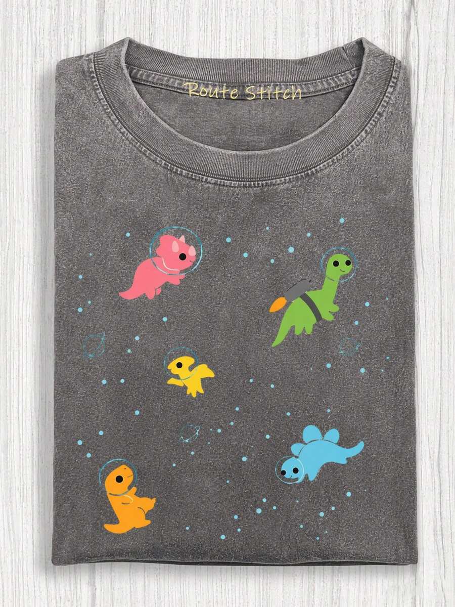 Washed T-Shirt Cosmic Dinosaur Party Printed T-Shirts, High Quality Batik Vintage Fashion Brand,Perfect For Daily Wear And Holiday Giftsfor Women - 灰色 - 查看 1