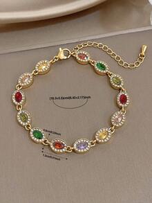 Women's Elegant Luxury Colorful Zirconia Chain Necklace & Bracelet Set, Stainless Steel Gold Chain Necklace, Party Birthday Christmas Jewelry Gift - Multi-color 2 - View 7