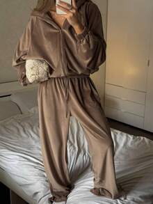 Women's Casual Velvet Drawstring Zipper Jacket And Pants 2 Pieces Set, Elegant For Autumn/Winter - Khaki - View 4