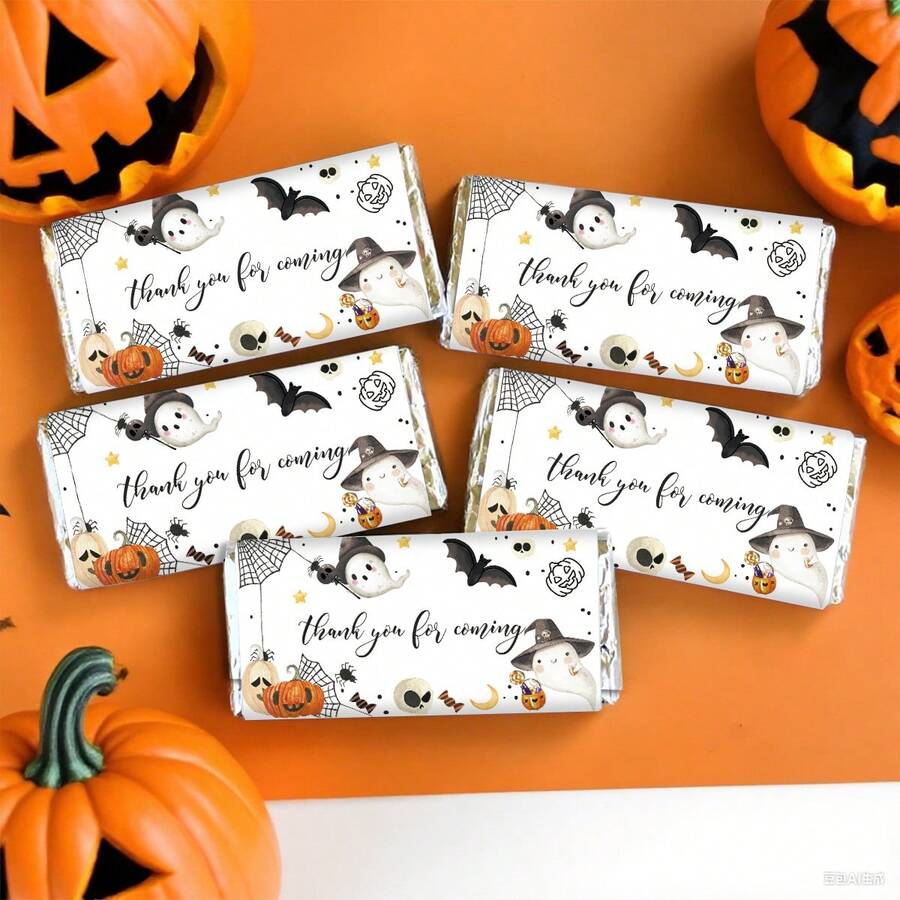 10pcs Halloween Theme Candy Bar Wrappers Stickers, Cute Ghost Pumpkin & Bat Design Halloween Mini Candy Chocolate Labels Stickers, Party Favor, Halloween Party Decoration, No Candy - Multicolor - View 1