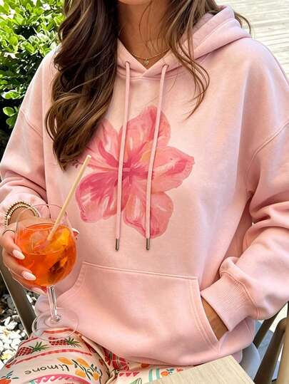 Sudadera con capucha y estampado floral de begonia, sudadera casual de manga larga con bolsillo para mujer talla grande, otoño/invierno, rosa