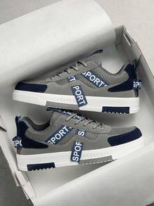 Men's Minimalist Retro Low-Top Casual Sneakers, Grey & Blue Colorblock Mesh Patchwork Design With Personalized Letter Webbing Decor, Comfortable Streetwear Casual Shoes - Gray Blue - View 3