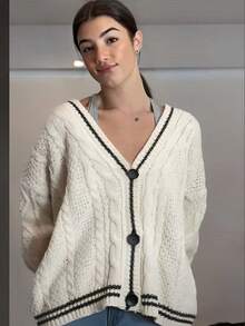 Star Print Striped Knit Drop Trim Cable Open Shoulder Cardigan - Beige - View 2