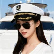 2pcs Halloween White Sailor Hat, Round Top White Anchor Rolled Edge Captain Hat Solid Color, Sailor Cap - Multicolor - View 4