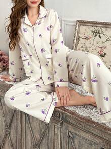 Women's Cute Soft Cream & Light Purple Floral Trim Button Collar Long Sleeve Pajama Set, Straight Leg Pants, 2-Piece Loungewear Sleepwear - Multicolor - View 5